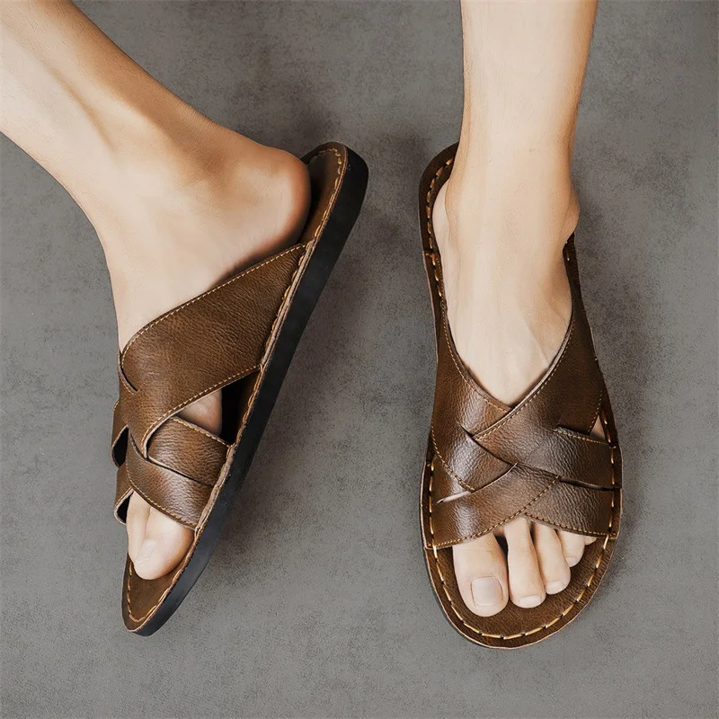 Sandal Kasual Pria Kulit Asli  - Men'S Shoes Qn ulasan dan harga